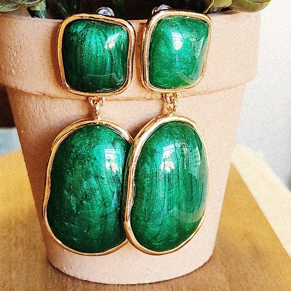 Emerald Green Gold Tone Marbled Resin Drop Statement Earrings Two Tier Dangle